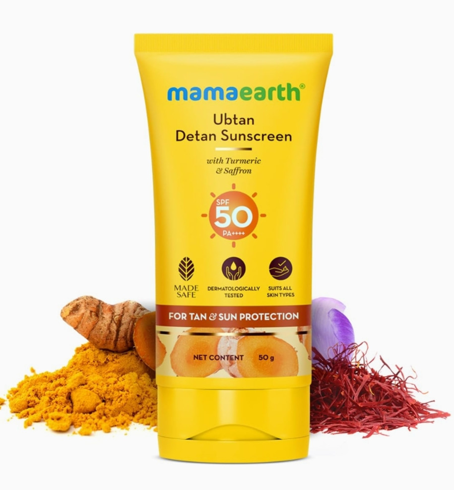 Mamaearth Ubtan Detan Sunscreen With Turmeric & Saffron - 50 g | SPF 50 & PA++++ For UVA/B Protection | Removes Tan | Brightens Skin | Non-Greasy & Lightweight | No White Cast | For All Skin Types