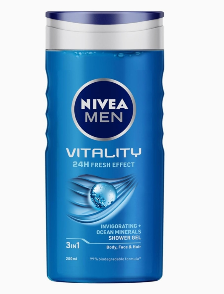 NIVEA MEN Vitality Fresh 250ml Body Wash| Shower Gel for Face, Body & Hair| Power of Ocean Minerals|