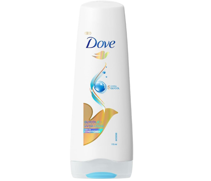 Dove Glycolic + Hydration Conditioner 175ml with 5% Hydra-Glycol for hydrated, fluid hair for up to 100 hours.