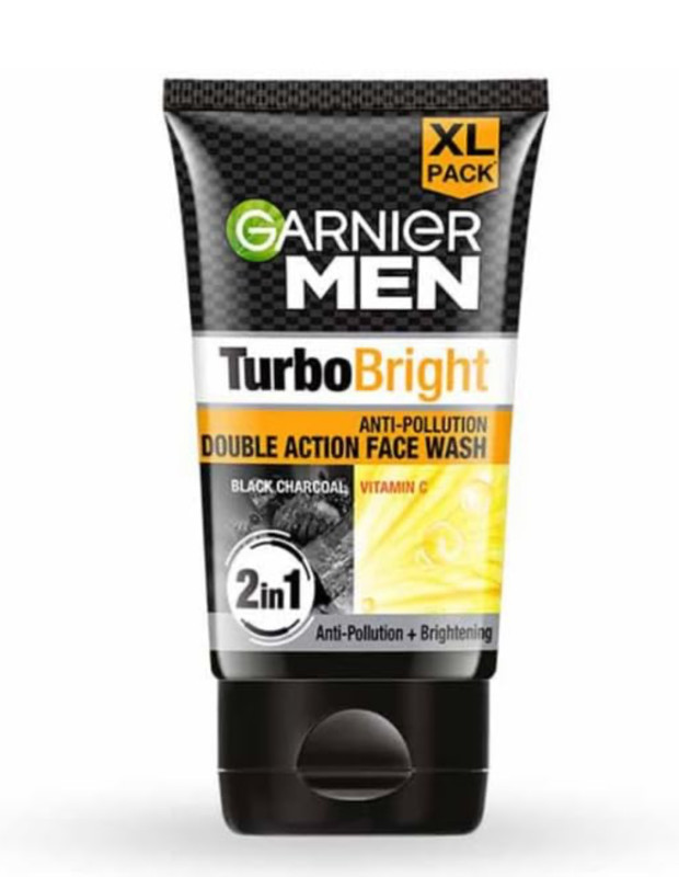 Garnier Men Turbo Bright Double Action Face Wash, Deep Cleansing Anti Pollution Face Wash with Charcoal and Vitamin C, Suitable for all Skin Types