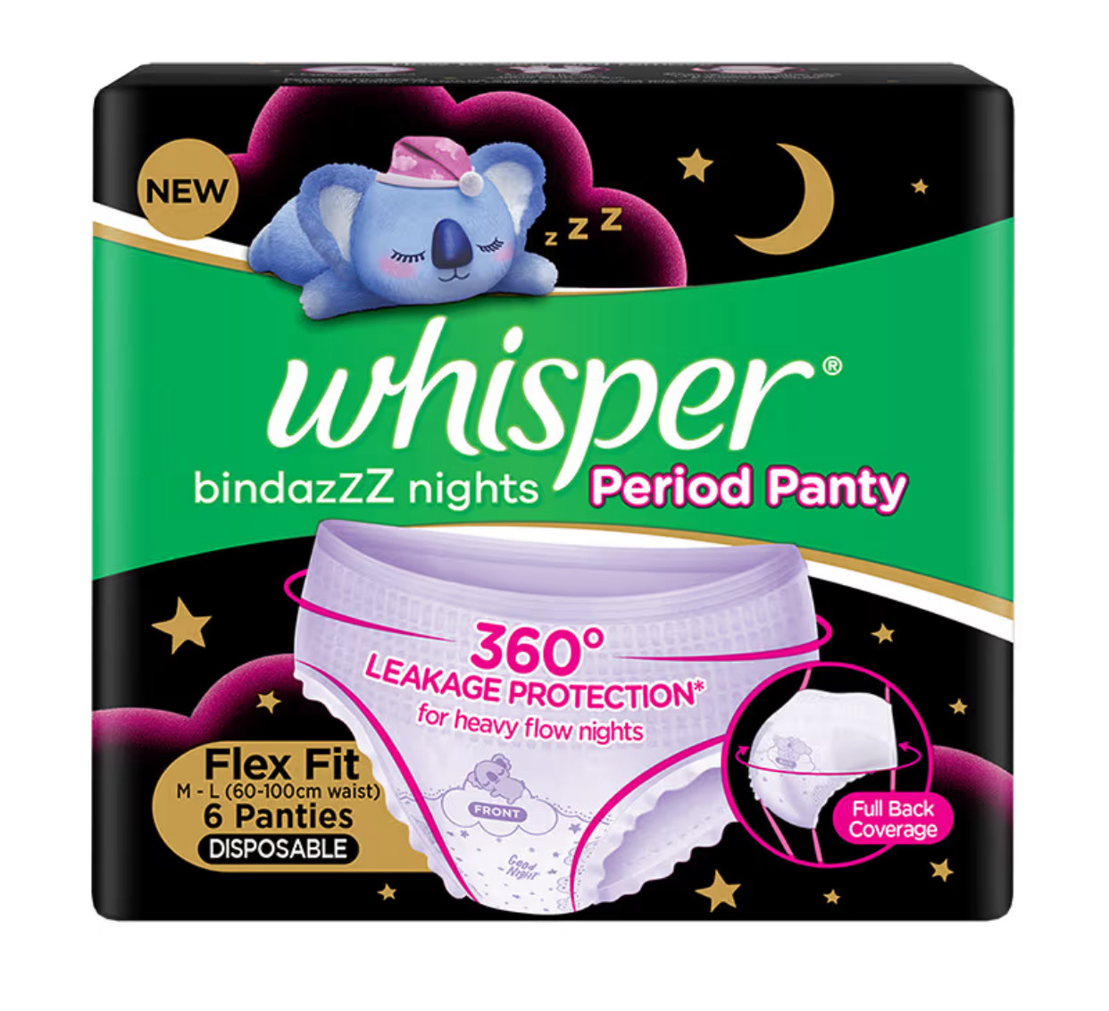 Whisper Bindazzz Night Period Panty for Heavy flow- 360 degree leakage protection, 6 M-L Panties