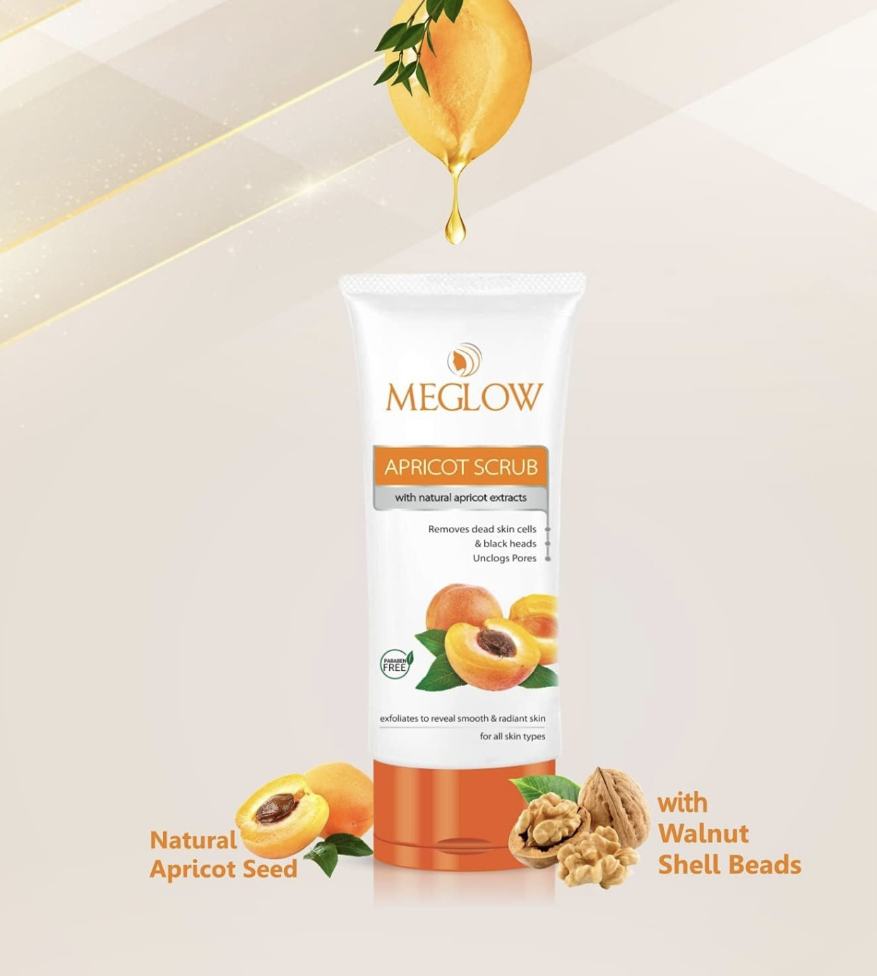 Meglow Apricot Scrub 70g Paraben Free Formula || Enriched with Natural Apricot Extracts, Vitamin E and Aloe Vera Extract || Remove Dead Skin Cells || All Skin Type || Helps to Make Skin Smooth and Rad