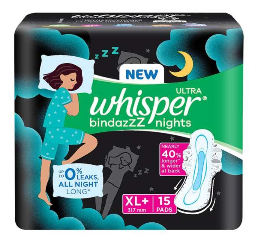 Whisper Bindazzz Night Thin XL+ Sanitary Pads For Upto 0% Leaks-40% Longer With Dry Top Sheet