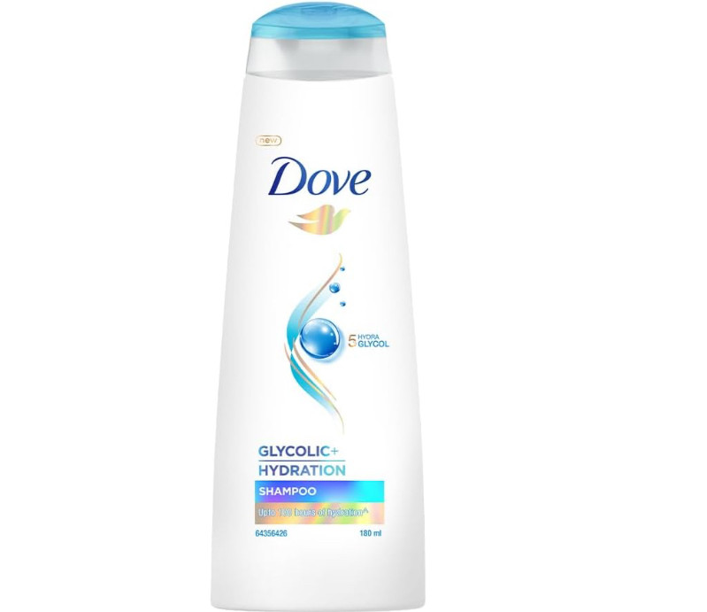 Dove Glycolic + Hydration Shampoo with 5% Hydra-Glycol for hydrated, fluid hair for up to 100 hours.