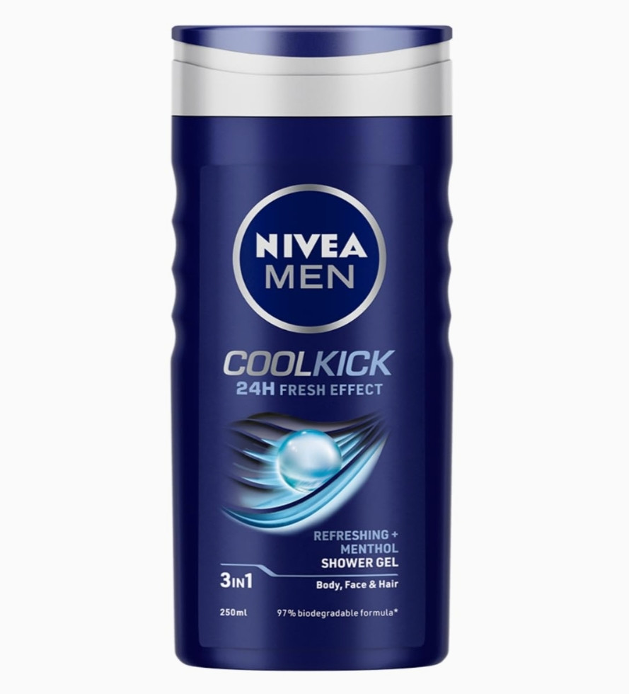 NIVEA MEN Cool Kick 250ml Body Wash| Shower Gel for Face, Body & Hair| Refreshing Icy MENthol|24 H Freshness |For All Skin & Hair Types