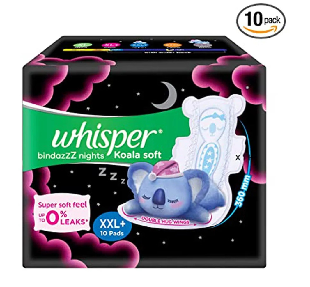 Whisper Bindazzz Nights Koala Soft Sanitary Pads XXL+, 10 Count