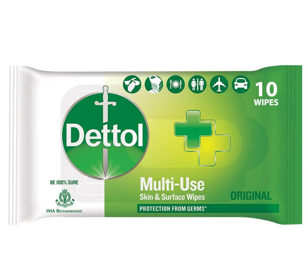 Dettol Disinfectant Skin & Surface Wipes, Original 10 Count| Safe On Skin